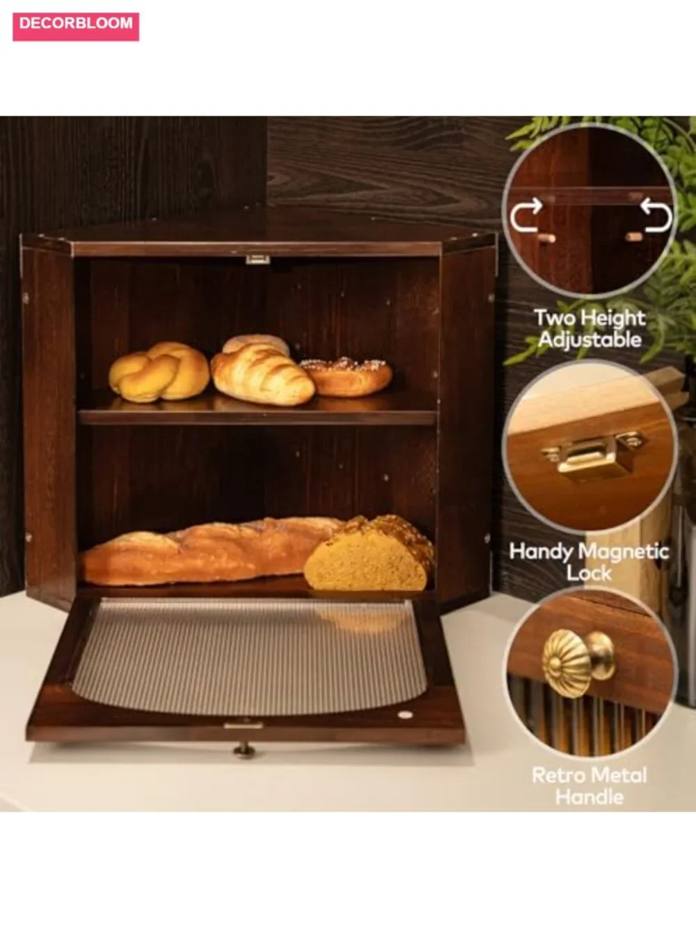Solid Pine Wood Corner Bread Box with Magnetic Lock
